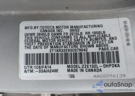 2003 Toyota Matrix Standard из США, поврежденный, VIN 2T1KR32E93C079042